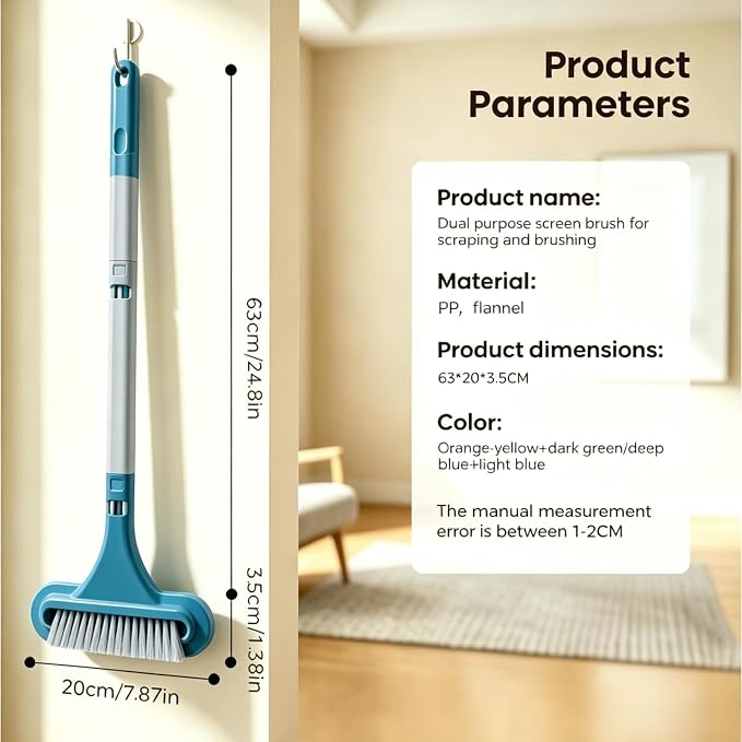 3-in-1 Screen Cleaning Brush with Squeegee - Window Mesh Cleaner & Pet Hair Remover for Couch, Door Mesh & Window Groove, Dust Removal Brush for Home Cleaning (Cyan Blue)