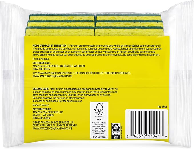 Amazon Basics Heavy Duty Dual-Sided Scrub Sponges, Reusable, 4.4 x 2.7 x 0.8 in, Yellow/Green, 6-Pack