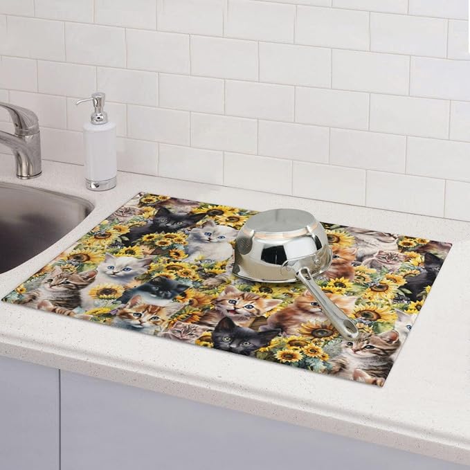 Cute Cat Dish Drying Mat 18 x 24 Inch for Kitchen Counter Cute Kitchen Mat Microfiber Kitchen Countertop Absorbent Reversible Drainer Rack Pad Dish Drying Mat