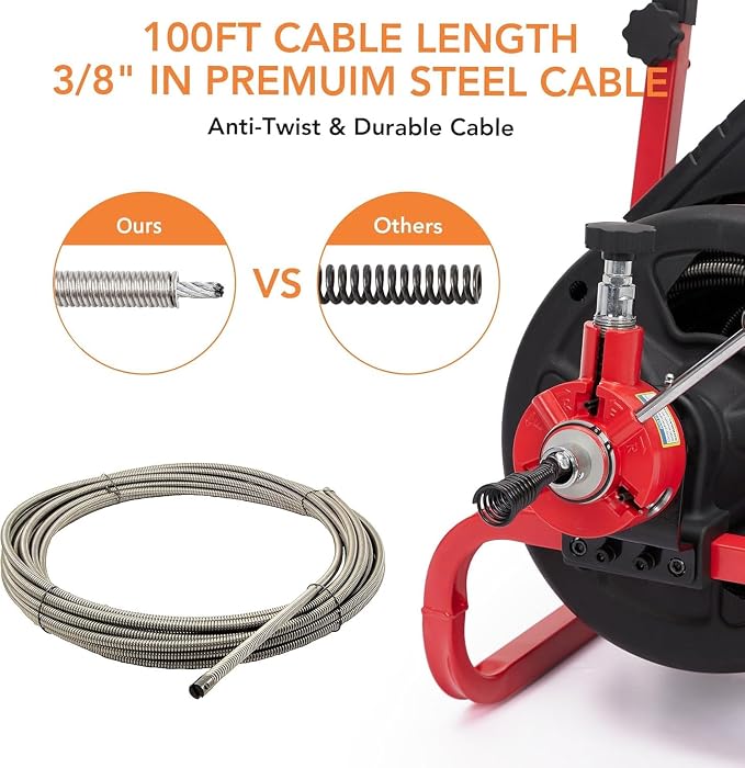 Garvee 100ft 3/8 Inch Drain Cleaner Machine, 370W Portable Drain Cleaning Machine Electric Drain Snake with 8 Cutters Gloves, Electric Drain Clog Remover Plumbing Tool for 2 to 4 in Pipes