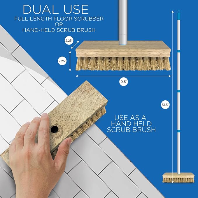 LOLA Deck Scrub Brush, 9" x 3.5" Head w/Natural Coco Bristles for Outdoor Cleaning, Removes Dirt & Grime from Patios, Decks, Grout, 1 Count