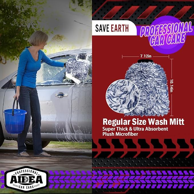 AIDEA Car Wash Mitt Microfiber, 1PK Wheel Cleaner Mitts, 7.12''X10.14'' | Scratch Free Lint-Free, Extra Plush Premium Microfiber Mitt Car Wash Brush, Regular Size