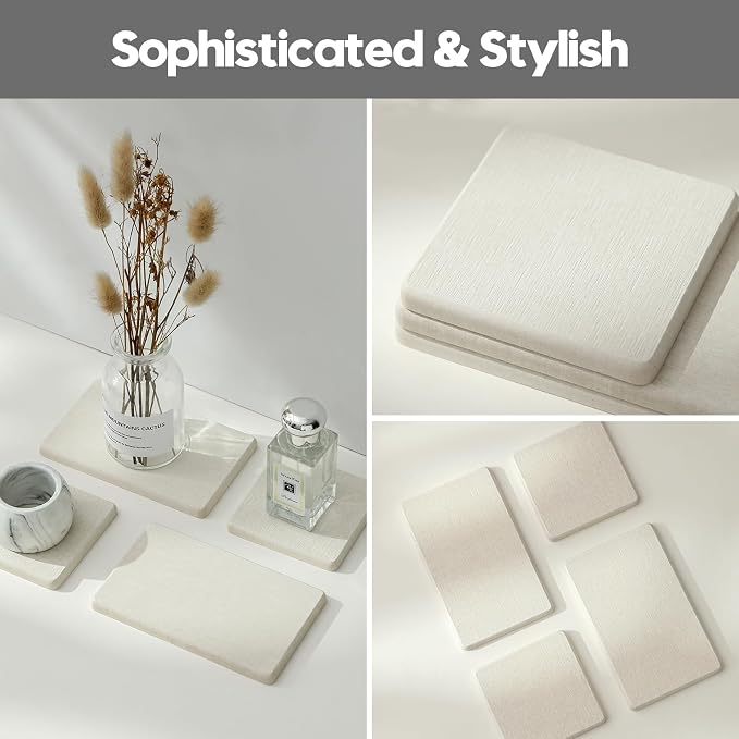 Razborci 4PCS Bathroom Sink Vanity Trays, Diatomaceous Earth Quick Stone Drying Mat Kitchen Counter Dish Soap Dispenser Sponge Holder, Water Absorbing Caddy Organizer for Bottle & Cup, Beige