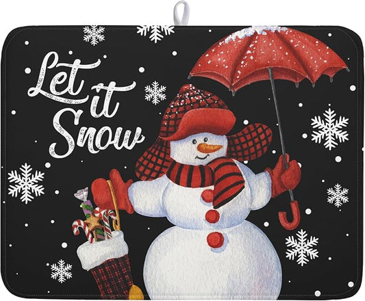 Black Snowman Dish Drying Mats for Kitchen Counter, Winter Snowflake Dish Mat Absorbent Reversible Microfiber Dish Drying Pad Christmas Kitchen Drying Mat Dish Drainer Rack Mats for Bar 18”x24”