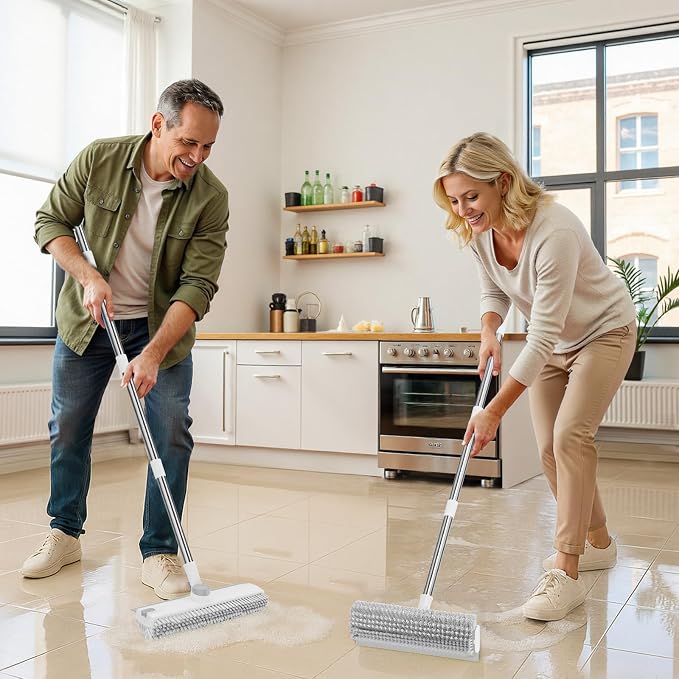 3 in 1 Floor Scrub Brush with Long Handle & Squeegee | Heavy-Duty, Adjustable, 360° Rotating Head for Cleaning Tile Bathroom Deck Kitchen Patio, White