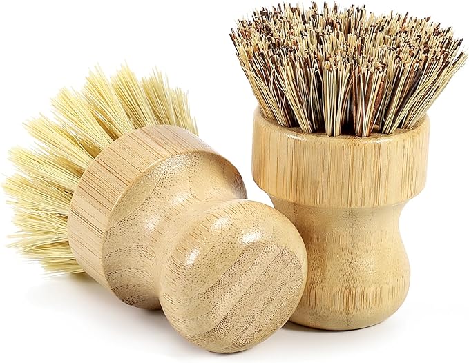 DEBETOOL 2-Pack Bamboo Dish Brush – Natural Dish Scrub Brush with Sisal & Palm Bristles for Non-Stick Pans, Pots, Vegetables, and Kitchen Cleaning