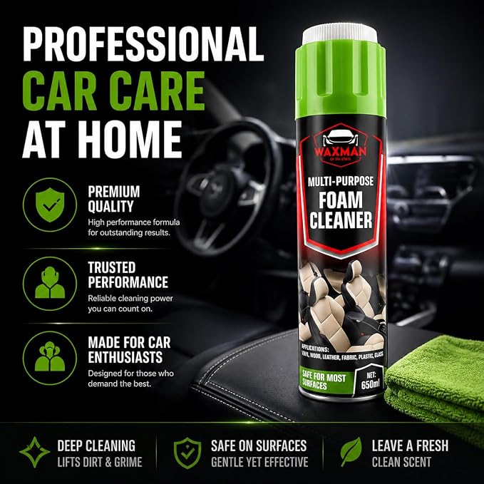 Car Interior Foam Cleaner with Soft Brush Cap – Multi-Purpose Deep Cleaning Foam Spray for Leather, Vinyl, Fabric, Plastic – Safe Non-Drip Formula, Fresh Scent, 22 oz