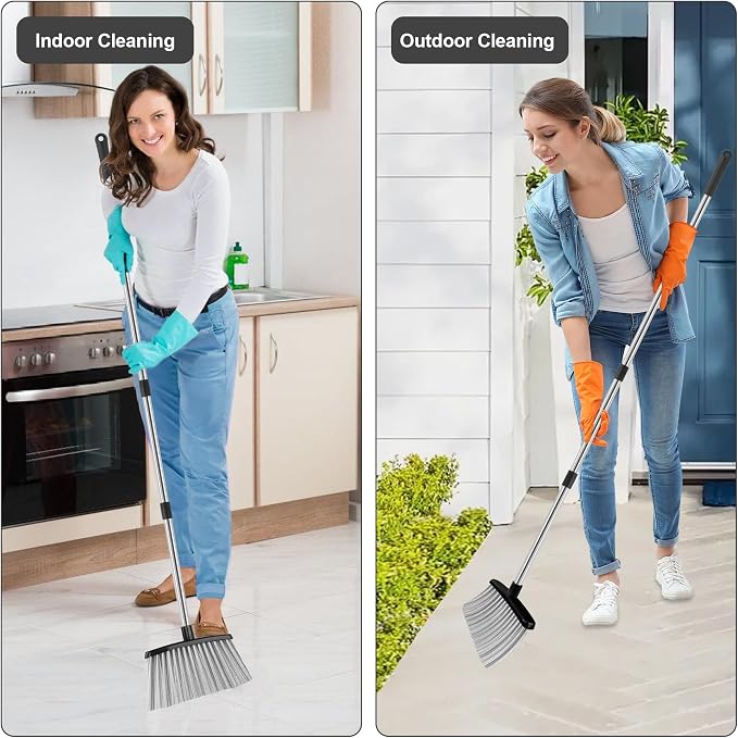 Broom and Dustpan Set, 51" Long Handle Broom with Dustpan Combo Set, Windproof Standing Dust pan with Self-Cleaning Teeth, Household Set Sweep Kitchen Office Lobby Pet Room