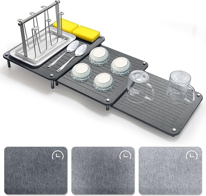 3Pcs Nesting Stone Drying Mat for Kitchen Counter, Quick Drying Stone Dish Drying Mat with Non-Slip Feet, Super Absorbent Heat Resistant Diatomaceous Earth Dish Drying Mat for Dishes, Bottles-Linear
