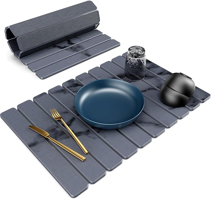 Large Stone Dish Drying Mat for Kitchen Counter, 24"(L)×16"(W), Collapsible Quick Dry Stone Dish Mats, Super Absorbent Diatomaceous Earth Drying Pad for Dishes Bottles Cups, Countertops (Marble)