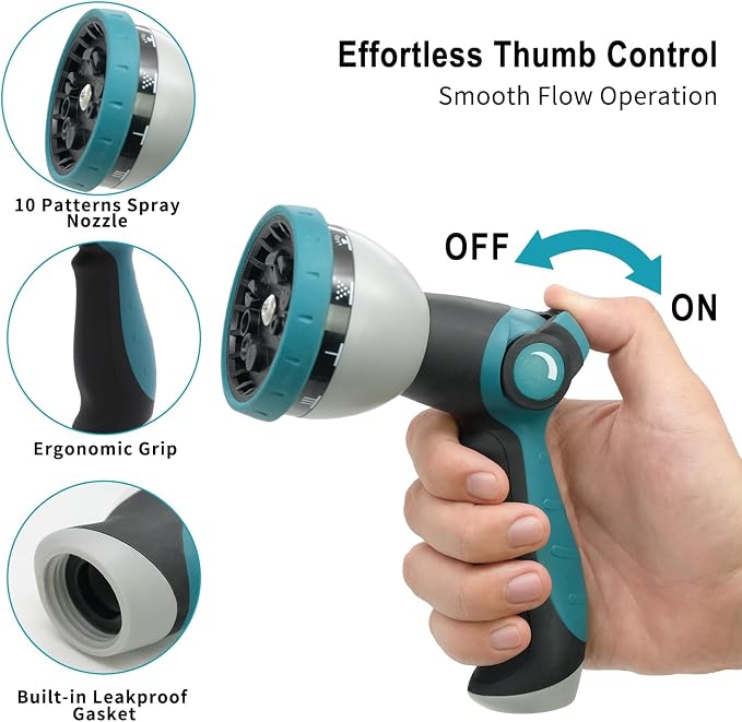 Besiter Hose Nozzle, Garden Hose Nozzle with 10 Spray Patterns, Thumb Control On Off Valve, Adjustable and Heavy Duty for Washing Car, Watering Plants, Washing Pets, and Home Use