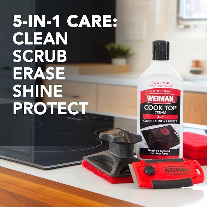 Weiman Glass & Ceramic Cooktop, Stove Top & Oven Cleaner Kit – Kitchen Cleaner Cream, 3 Scrubbing Pads & Scraper for Burnt-On Food & Grease, Clean Shine - Safe for Induction, Electric & Gas Cooktops