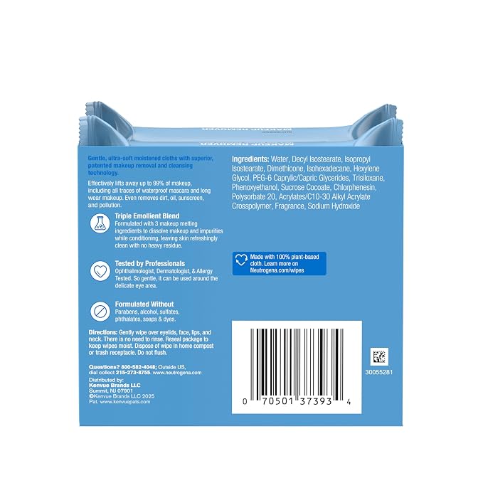 Neutrogena Makeup Remover Micellar Wipes for Face Daily Gently Removes Oil Dirt and Waterproof Makeup in a Simple Fully Plant-Based Cloth, 25 Count (Pack of 24)