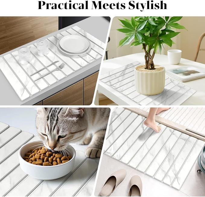 Large Stone Dish Drying Mat for Kitchen Counter, Quick Dry Dish Drying Mats, Foldable Absorbent Diatomaceous Earth Mats for Dishes Bottles Cup, Match Any Countertop (White Marble 28"×16" & 8"x4")