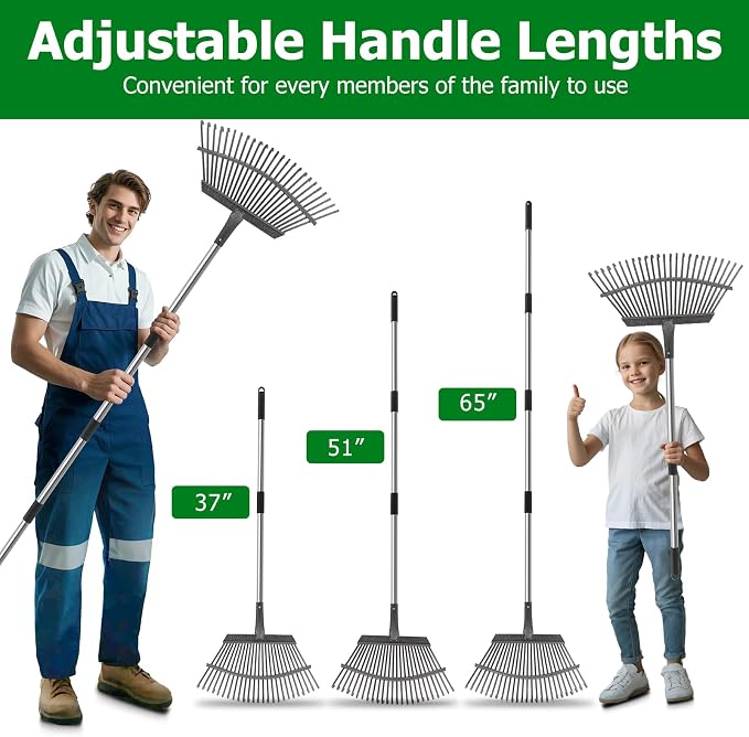 2-in-1 Leaf Rake Set with Leaf Scoops, 25-Tine Garden Rake and Grabber for Leaf Cleanup & Picker Up, Adjustable Long Handle, Wide Metal Head for Garden‌, Yard, Soil, Weeds‌, Grass, Camping