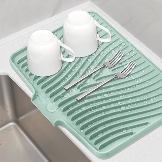 TIKNIK Silicone Dish Drying Mat for Kitchen Counter - Heat Resistant & Non-Slip Dish Drain Pad with Built-In Drain, Dishwasher Safe, Quick-Dry, Hangable & Roll-Up for Storage, Mint-1pcs, 20" x 15"