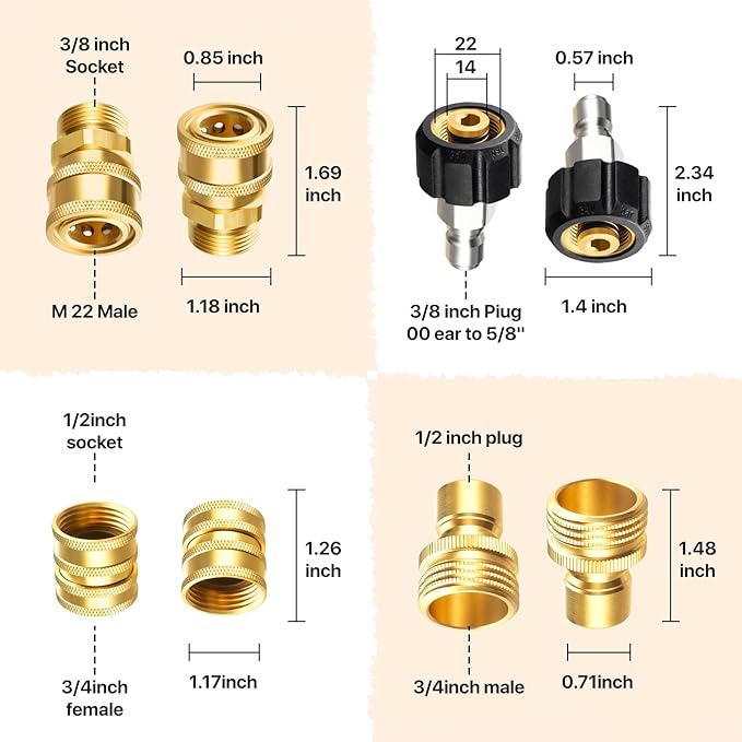 Twinkle Star Pressure Washer Quick Disconnect Kit, 9 Sets | Pressure Washer Adapter Set, M22 14mm to 3/8" Quick Connect, 3/4" to Quick Release, Swivel Fittings