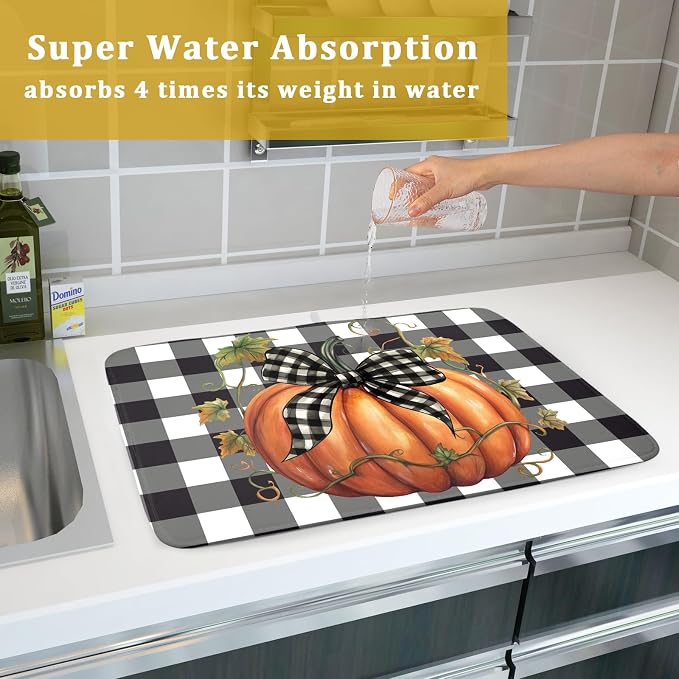 Fall Drying Mats for Kitchen Counter Fall Pumpkin Dish Drying Mat 18 x 24 Inch Autumn Black White Buffalo Check Dish Rack Mat Drainer Pad Thanksgiving Absorbent Microfiber Table Mat for Coffee Bar
