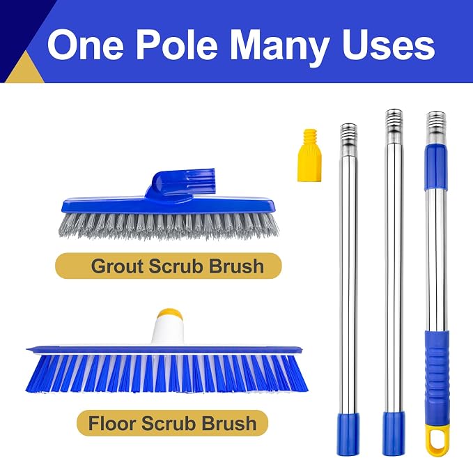 12" Wide Floor Scrub and Grout Brush Set With Long Extendable Handle - Stiff Bristle Heavy Duty Cleaner for Tile, Deck, Garage, Kitchen, Bathroom