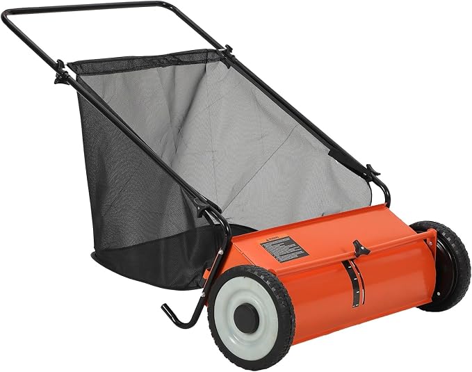 26-Inch Push Lawn Sweeper, 7 Cu. Ft. Hopper Capacity Leaf & Grass Collector with 4 Spinning Brushes, Adjustable Height, for Grass Clippings, Leaves & Debris, Orange