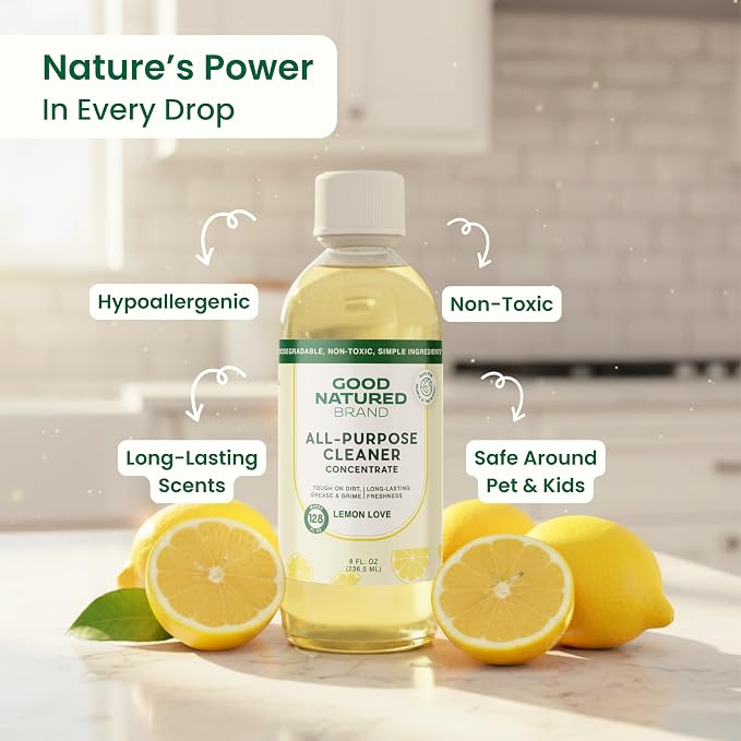 Good Natured Brand All-Purpose Cleaner Concentrate | 8oz makes 128oz | Lemon Essential Oil | 16X Concentrated Natural Multi-Surface Cleaner