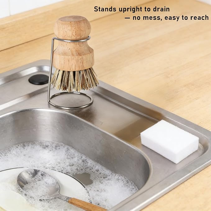 BoAn Bamboo Dish Brush Set with Holder, Natural Kitchen Dish Scrub Brushes with Drain Rack, Dual Bristles for Pots & Dishes, Fast Dry Design with Bonus Magic Cleaning Sponge