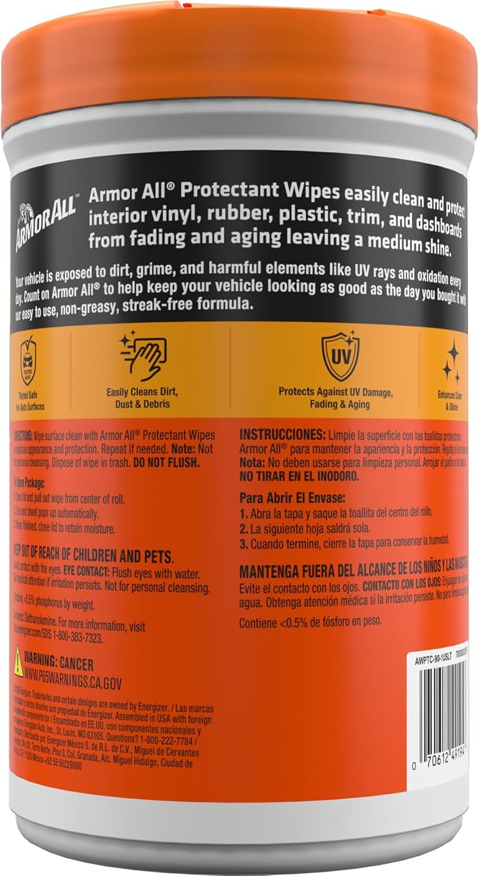 Armor All Car Interior Original Protectant Wipes, 90 Count, UV Protectant | Car cleaner wipes for vinyl, rubber, plastic, trim, and dashboards with a non-greasy, streak-free medium shine