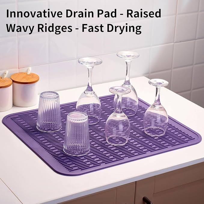 ZLR Heavy-Duty Silicone Dish Drying Mat (16" x 18" / 401 x 455mm) - XL Family-Size Thick 4mm Drainboard for Pots, Pans & Heavy Cookware - Oversized Trivet & Counter Protector, Non-Slip (Meadow Violet)