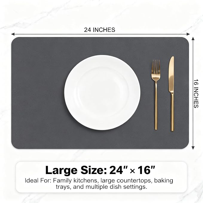 Dish Drying Mat Super Absorbent – 24" x 16" Coffee Mat for Countertops – Non-Slip Drying Mat for Kitchen Counter – Easy to Clean Water Absorbent Mat – Large Dish Drying Mats (Dark Gray)