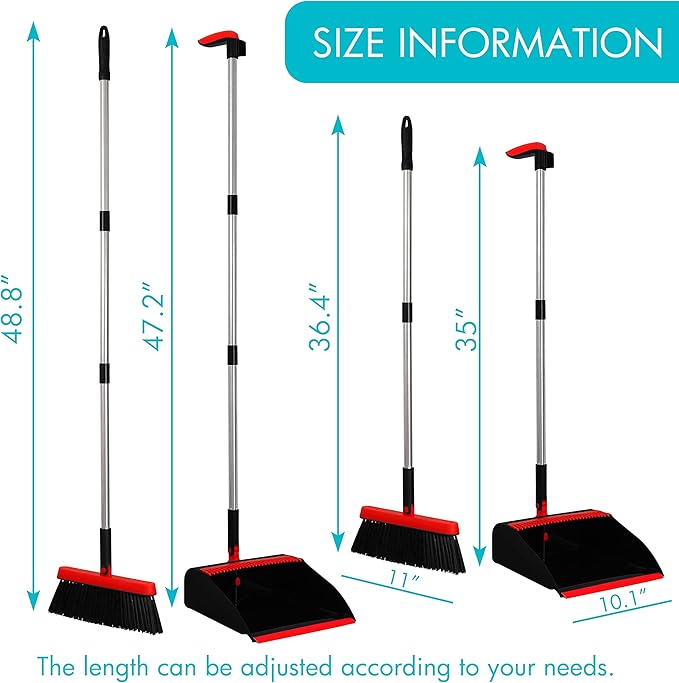2 Pack Broom and Dustpan Set with 48" Long Handle Black | Stand Up Dustpan with Self-Cleaning Teeth and Long Handle Broom Set for Home, Office, Kitchen and Indoor Outdoor Cleaning