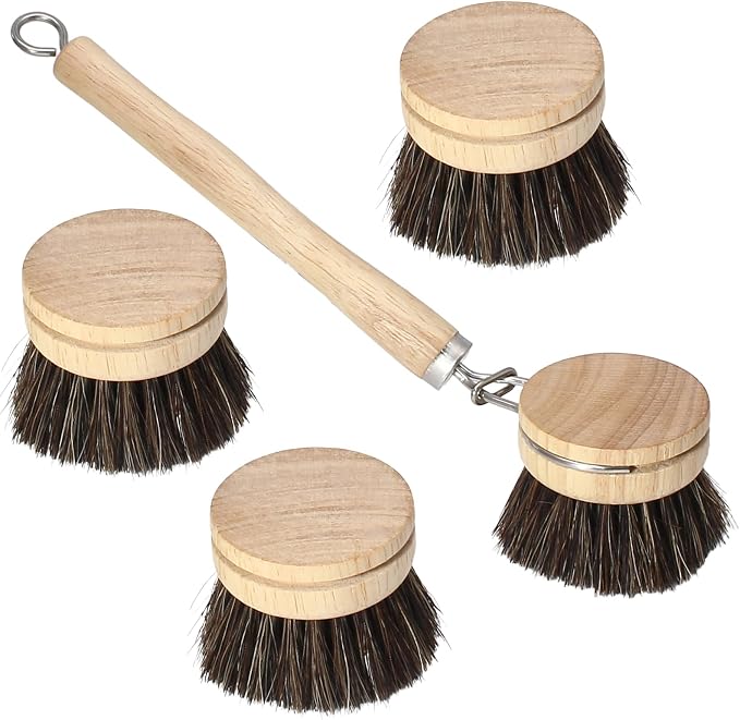 Wooden Dish Brush Set, 4 Natural Bristle Replacement Heads with 1 Sturdy Wooden Handle, Horsehair Kitchen Scrub Brush for Pots, Pans, Vegetables and Cookware