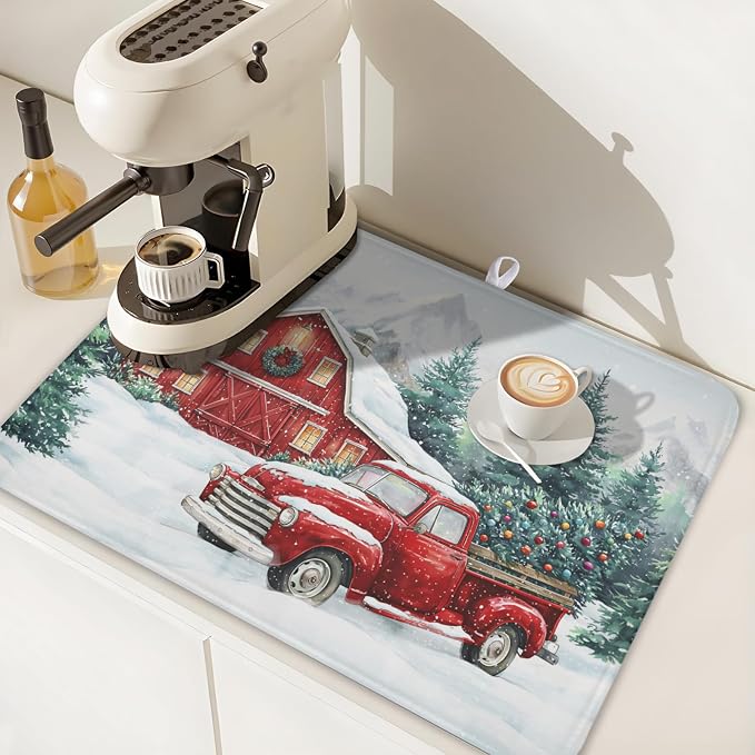 Winter Snowscape Dish Drying Mat for Kitchen Counter Christmas Red Truck Trees Dish Drainer Mat Xmas Holiday Rustic Farmhouse Absorbent Washable Drying Pad 18"x24"
