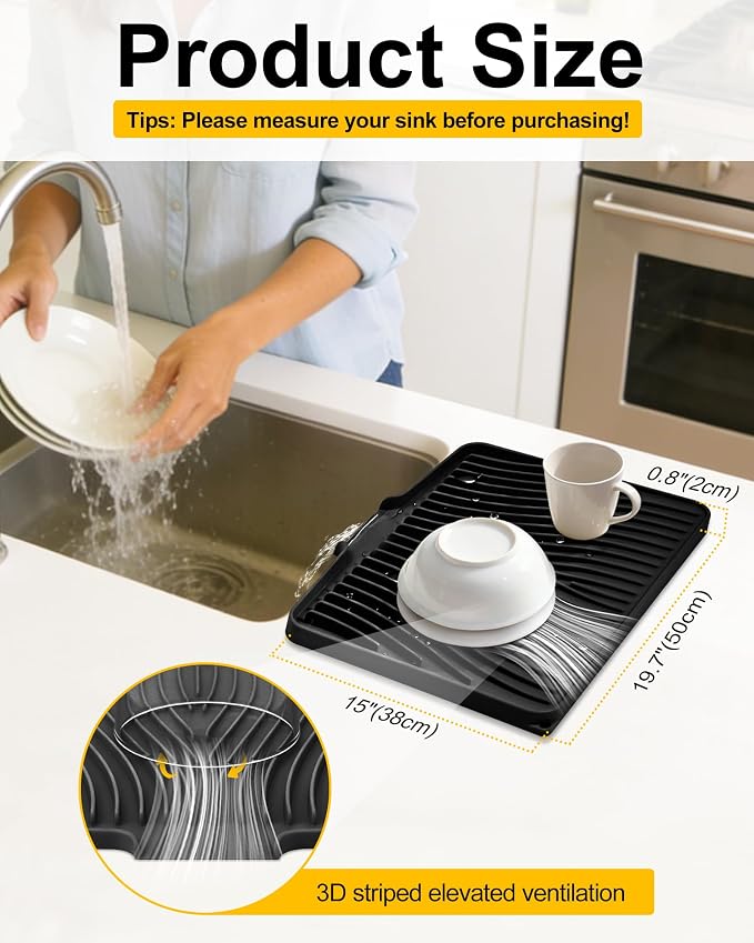 Silicone Dish Drying Mat for Kitchen Counter, Non-Slip Drain Pad with Built-in Drain, Heat Resistant Dish Drying Pad, Multi-Use Drying Mat, Dishwasher Safe & Hangable, Black, 19.7" x 15"