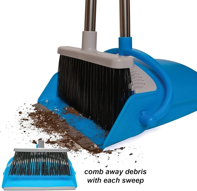 JFB Home Products BristleComb Outdoor Broom & Dustpan Set Upright, 49" Long Adjustable Broom, Long Handle, Self-Cleaning Comb & 2 Interchangeable Heads of Different Stiffness - Medium and Coarse
