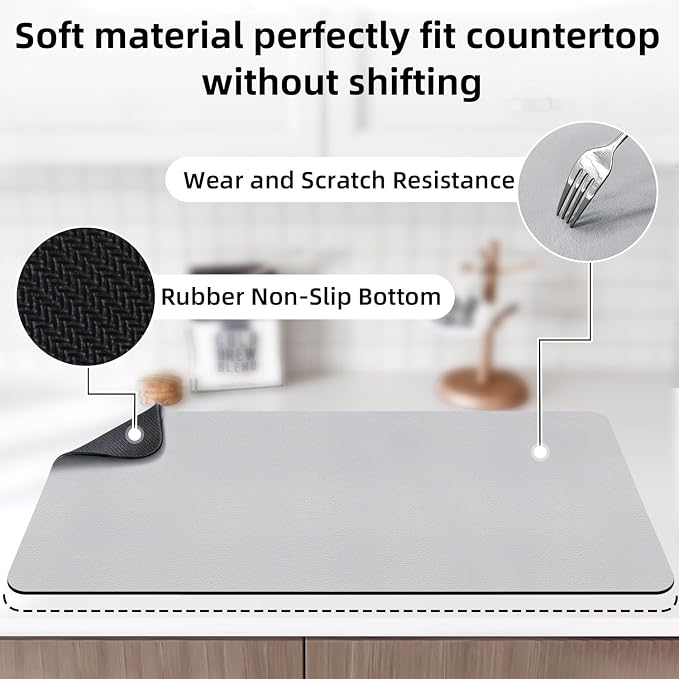 LOPNUR Kitchen Dish Drying Mat, 31.5"x17" Dish Drying Mats for Kitchen Counter, Diatomite Coffee Mat, Super Absorbent Dish Drying Pad, Heat Resistant Mat with Anti-slip Rubber Backed, Light Grey