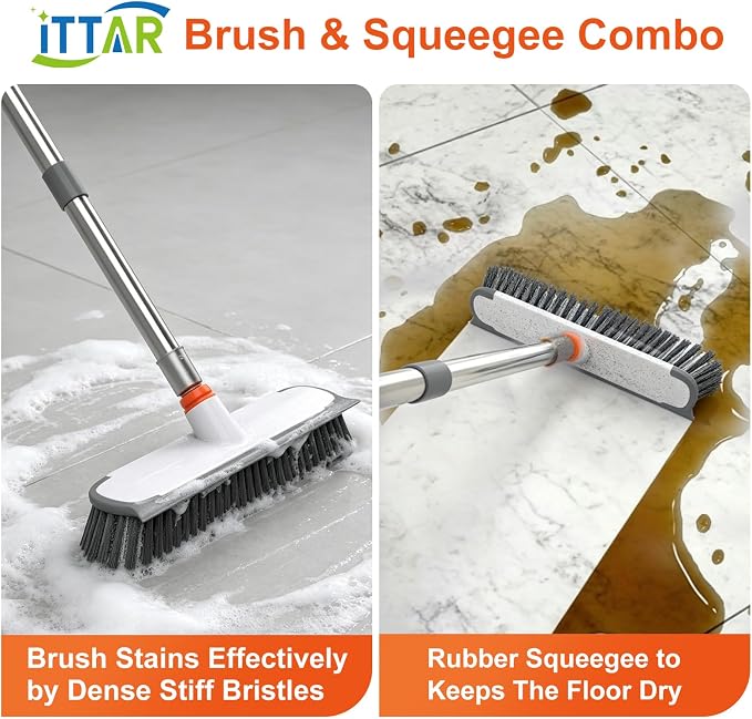 ITTAR Floor Scrub Brush with Long Handle, 12" Wide 2-in-1 Deck Brush and Squeegee with 55" Stainless Steel Pole, Heavy-Duty Stiff Bristles for Shower, Tile, Garage, Patio & Kitchen-Orange
