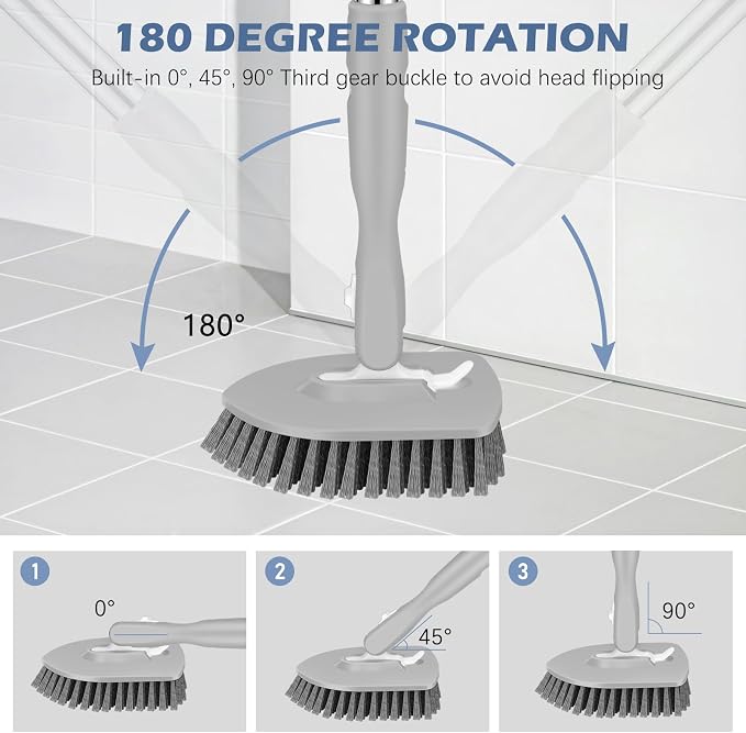 SetSail 4-in-1 Tile Tub Floor Scrubber with V-Shaped Grout Brush, Gray | with 3 Detachable Replacement Brush Head, Multi-Angle Cleaning Locks at 45°, 90°, 180° for Bathroom Kitchen Walls Tub Tile
