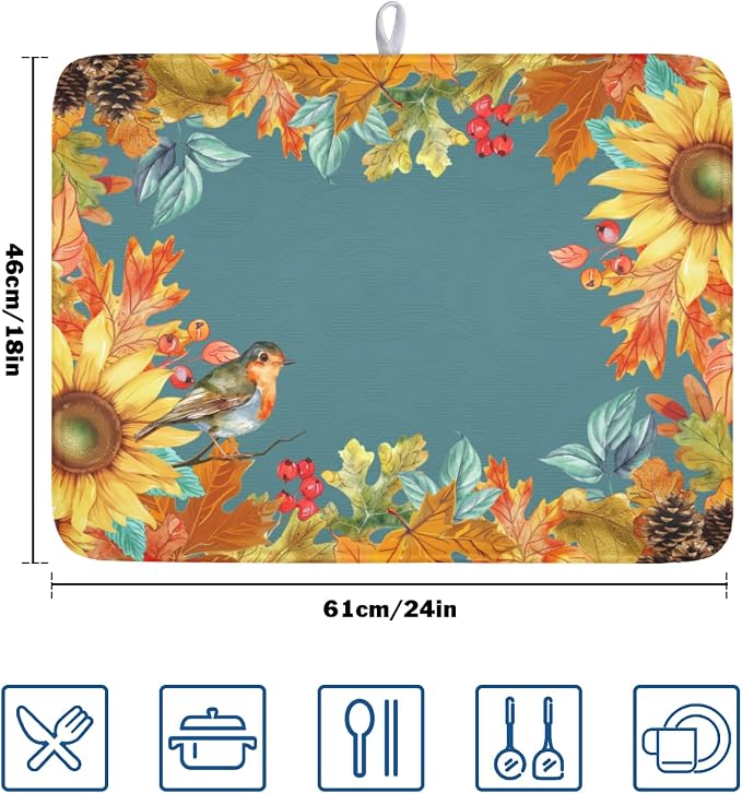 Fall Sunflower Dish Drying Mat for Kitchen Counter 18 x 24 Inch Autumn Orange Leaf Dish Drainer Mat Absorbent Microfiber Thanksgiving Harvest Dish Rack Pad for Coffee Dining Bar Decor