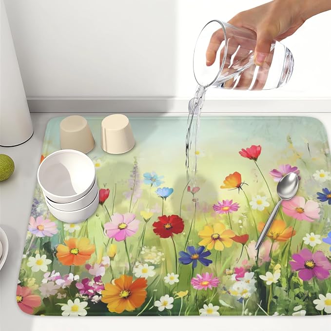Spring Summer Daisy Dish Drying Mat 18 x 24 Inch Colourful Floral Pattern Dish Drainer Rack Mat Absorbent Microfiber Mats Holiday Dish Pad for Kitchen Coffee Dining Bar Decor