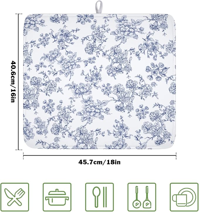 Blue Floral Dish Drying Mat for Kitchen Counter Chinoiserie Flower Microfiber Dish Drainer Mat Vintage Rustic Elegant Absorbent Washable Drying Pad Extra Large 16"x18"