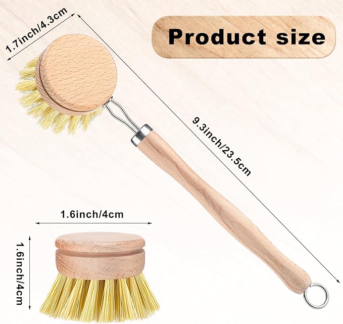 Boao 6 Pack Dish Brush with Beechwood Handle with Replacement Heads Natural Wood Dish Scrub Brush for Washing and Cleaning Pots and Pans