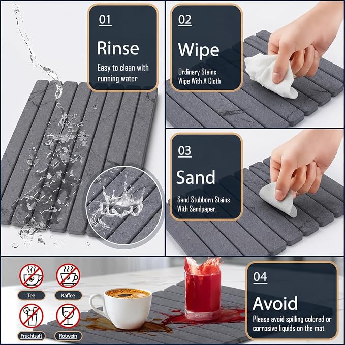 Dish Drying Mat, Large Stone Dish Drying Mat for Kitchen Counter 24" x 16", Foldable Diatomite Drying Stone Counter Mat with Non-Slip Base, Foldable Quick Dry Dish Drying Mats【Gray】
