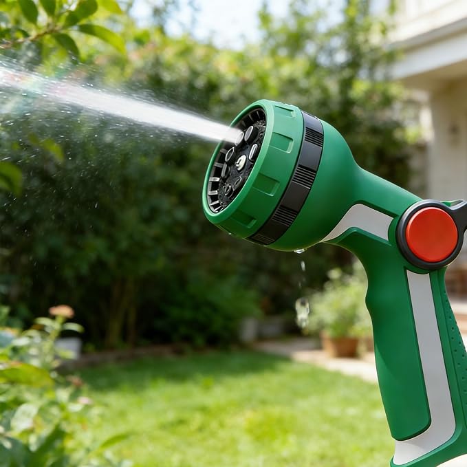 Heavy Duty Metal Garden Hose Nozzle, Thumb Control High Pressure Water Sprayer with 10 Adjustable Patterns, On Off Valve for Watering Plants & Lawns, Car Washing and Pet Showering