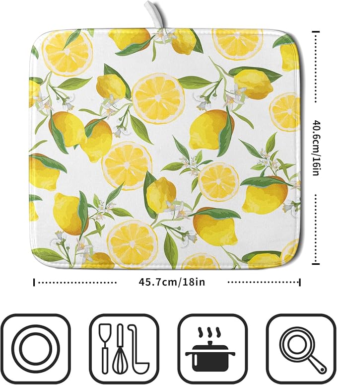 Lemon Dish Drying Mat for Kitchen Counter Spring Summer Microfiber Absorbent Dish Draining Reusable Washable Foldable 16"x18"