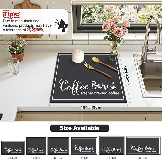 Findosom Dish Drying Mat, 16" x 18" Super Absorbent & Hide Stain Coffee Mat, Cuttable Drying Mat for Kitchen Counter, Coffee Bar Accessories, Under Dish Rack, Coffee Maker, Espresso Machine, Black