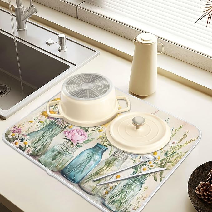 Spring Summer Floral Jars Flowers Dish Drying Mat for Kitchen Counter Absorbent Microfiber Small Drying Pad Dish Mats for Kitchen Countertops 16 x 18 Inch