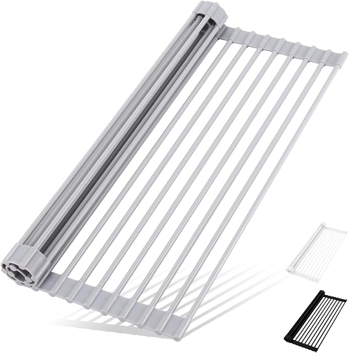 HANZENMA Roll Up Dish Drying Rack Over The Sink Kitchen Roll Up Sink Drying Rack Multipurpose Foldable Sink Drying Mat, Heat-Resistant, Anti-Slip & Anti-Rust Dish Rack for Kitchen, 20.5" x 13", Grey