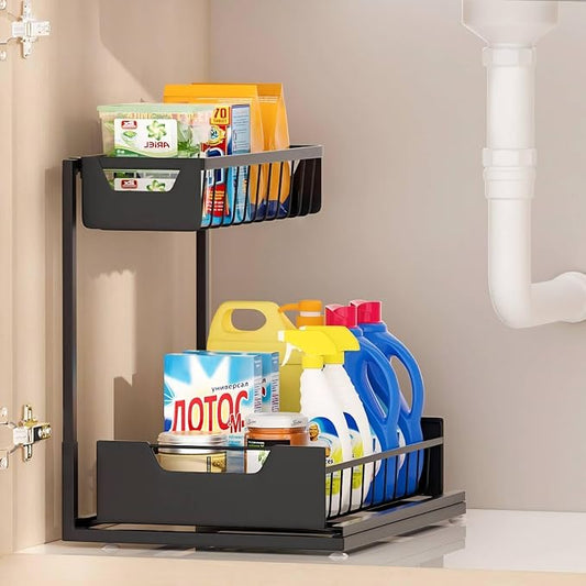 Ceetug Under Kitchen Sink Organizers and Storage, Black, 1 Pack | Slide Out Drawer, L-shape, 2 Tier, Cabinet Organizer for Kitchen Bathroom