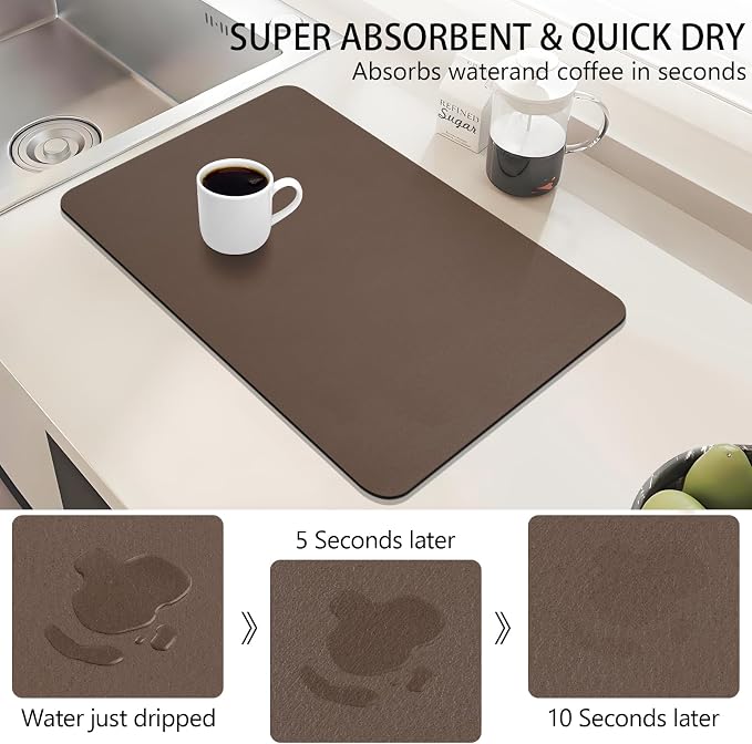 Dish Drying Mat, 16" x 24" Dish Drying Rack Pad with Rubber Backed, Absorbent Coffee Bar Mat for Kitchen Countertop, Easy to Clean Espresso Mats, Fit Under Coffee Machine, Brown