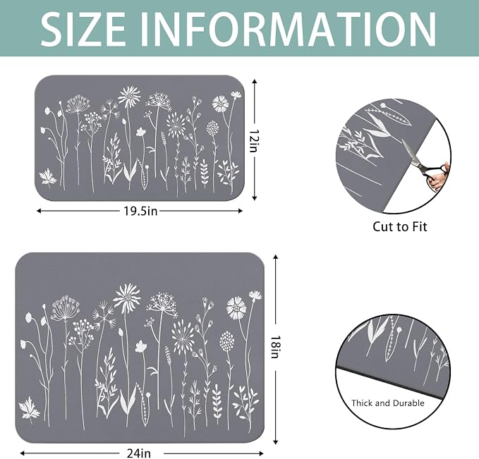 Dish Drying Mat 2-Pack with Wildflowers for Kitchen Counter Dishes | Diatom Mud Mats (18x24, 19.5x12"). Non-slip rubber back for kitchen counter, coffee bar & sink scenes